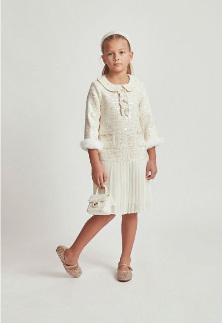 Sequin Tweed Pleated Dress