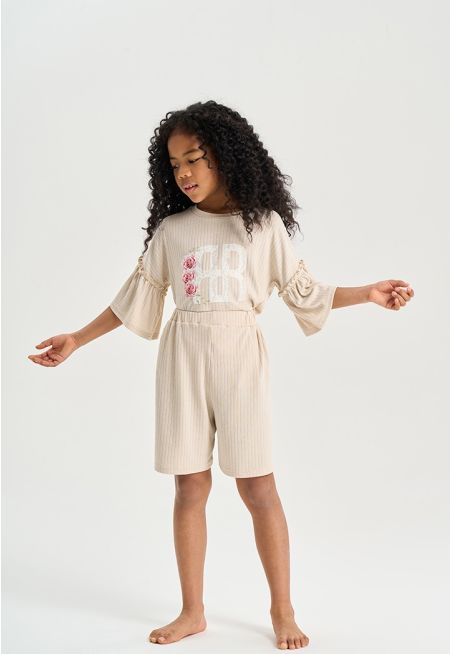 Ribbed Monogram Embellished Pajama Set (2 PCS)