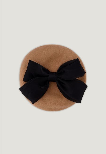 Bow Embellished Wool Beret Hat