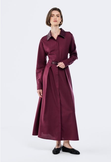 PU Leather Collar Pleated Dress