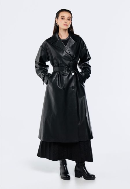 Solid PU Leather Belted Coat