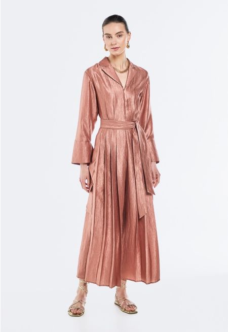 Belted Crinkled Pleated Jumpsuit