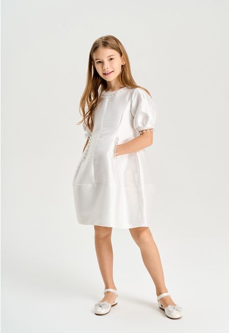 Crystal Embellished Puff Sleeves Dress