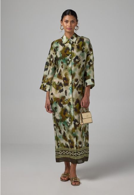 Drop Shoulder Printed Shirt Dress