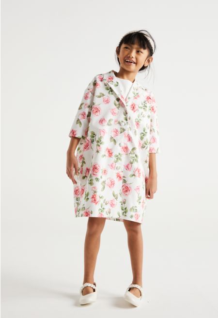 Floral Jacket and Solid Dress Set (2pcs)