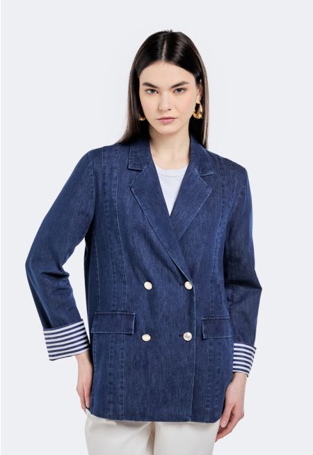Striped Cuff Denim Blazer