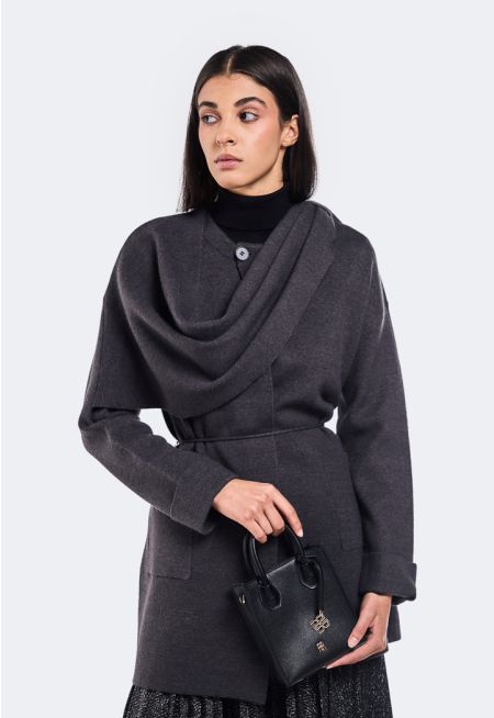 Knitted Cardigan With Drape Scarf