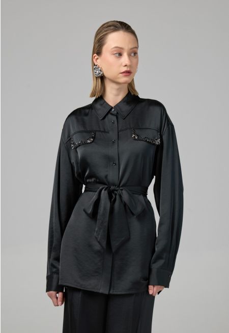 Crystal Embellished Belted Shirt