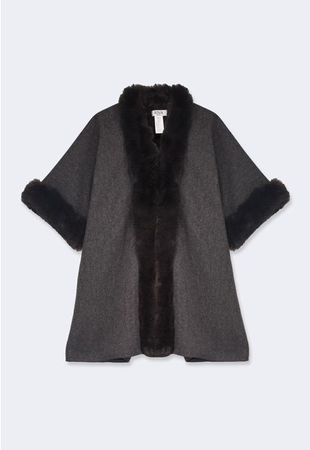 Faux Fur Embellished Wool Poncho