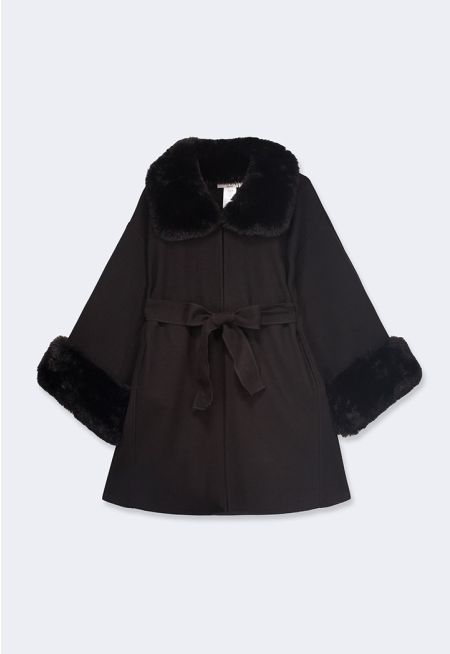 Belted Faux Fur Embellished Poncho