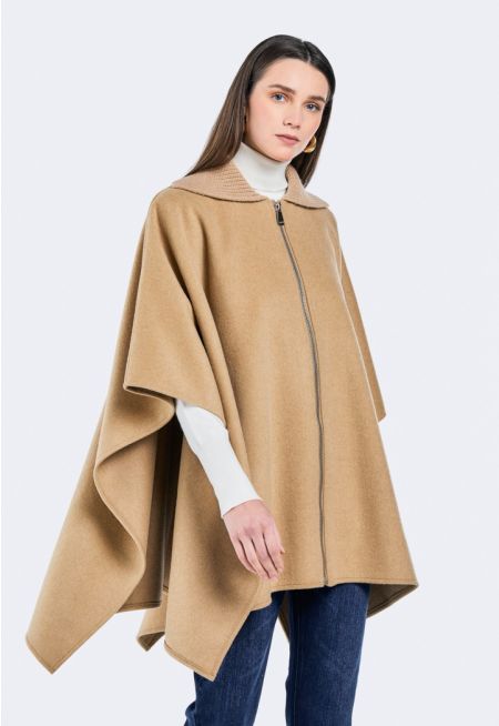 Front Zipper Solid Poncho