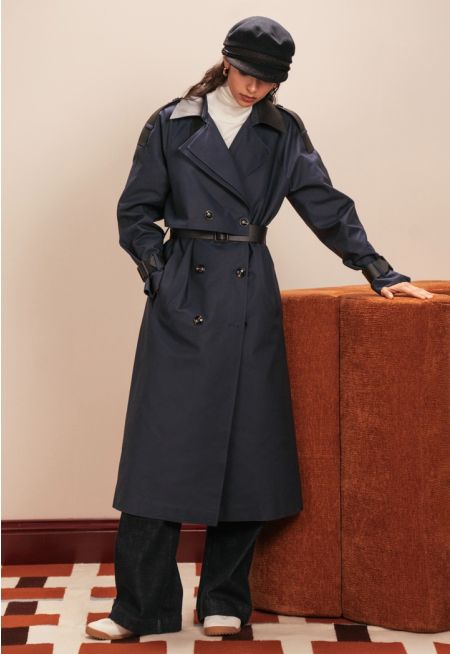 Trench Coat With PU Leather Trims
