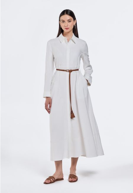 Chain-Embroidered Belted Dress