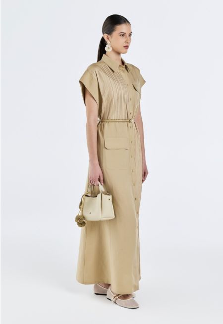 Pleated Details Belted Dress