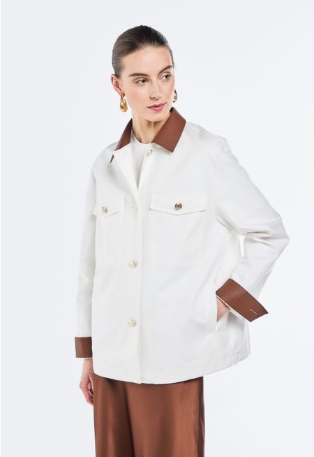 Contrast Collar Drawstring Hem Jacket