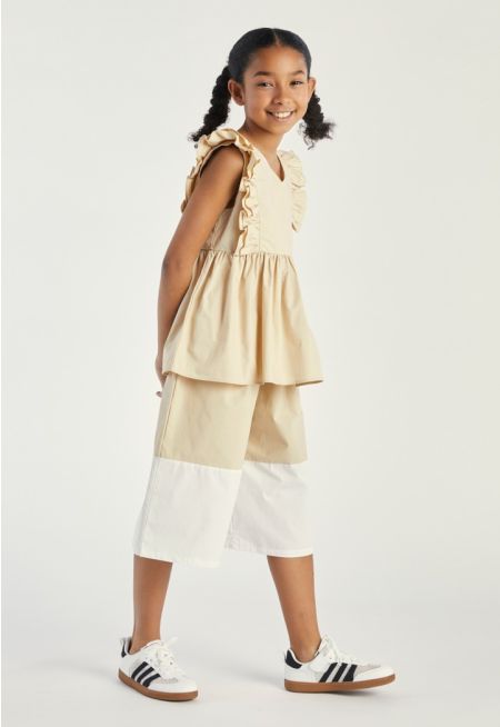 Ruffled Top and Contrast Shorts Set (2PCS)