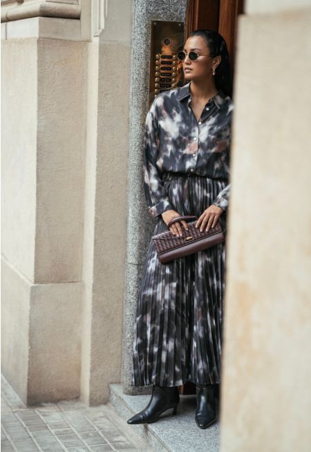 Printed Pleated Flared Skirt