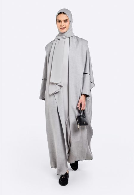 Textured Embroidered Hem Abaya With Hijab (2 PCS)