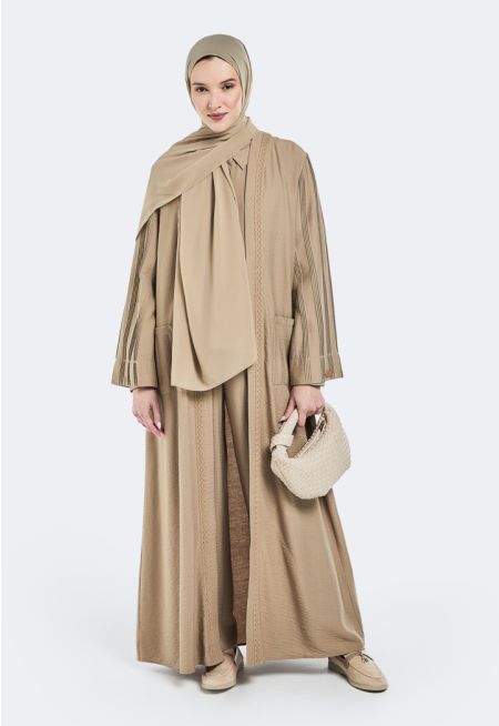 Lace Embellished Pintuck Abaya With Hijab (2 PCS)