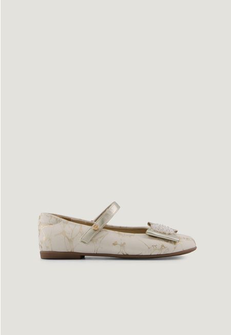 Faux Pearls Bow Velcro Strap Ballerina