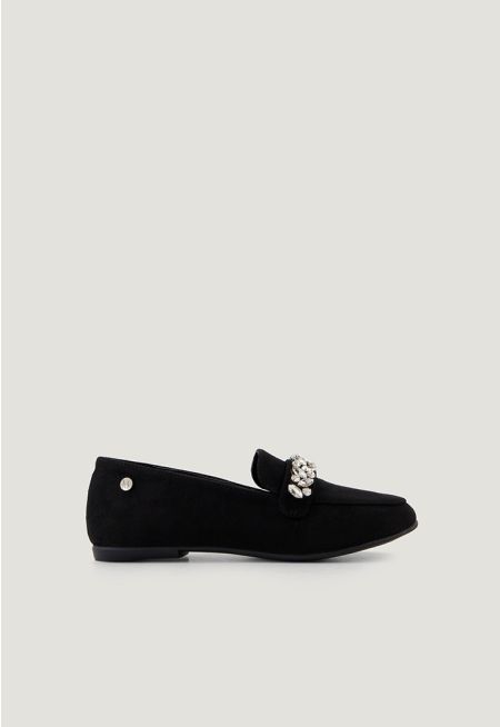 Solid Crystal Embellished Suede Loafers