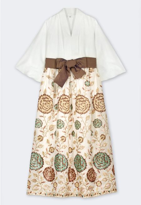 Embroidered V-Neck Belted Dress