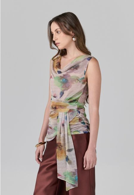 Printed Crinkled Sleeveless Top