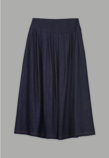Solid Pleated Denim Skirt