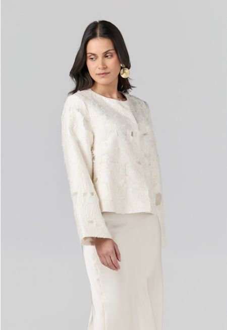 Front Pockets Embroidered Textured Jacket