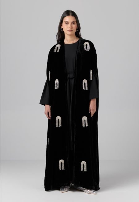 Solid Beads Embellished Velvet Open Abaya