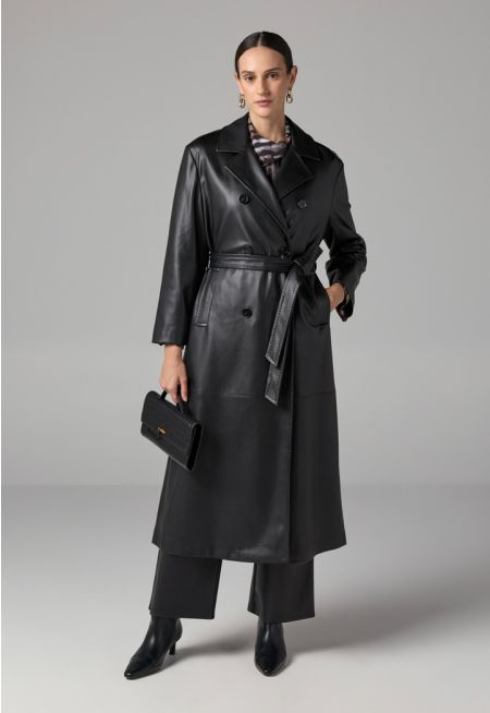 PU Leather Belted Trench Coat