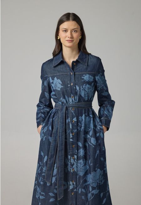 Floral Print Denim Shirt Dress