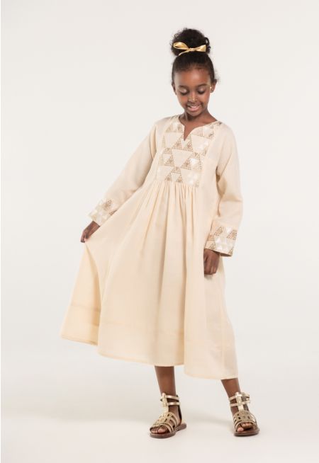 Embroidered Gathered Waist Dress