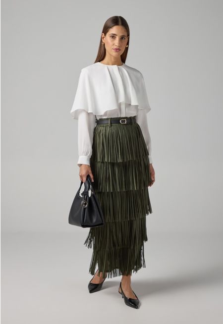 Solid Pleated Fringe Maxi Skirt