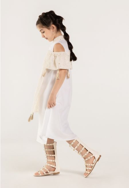 Cold Shoulder Embroidered Contrast Kaftan