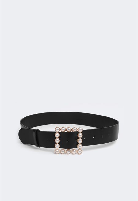 Faux Pearls Embellished Square Buckle Belt