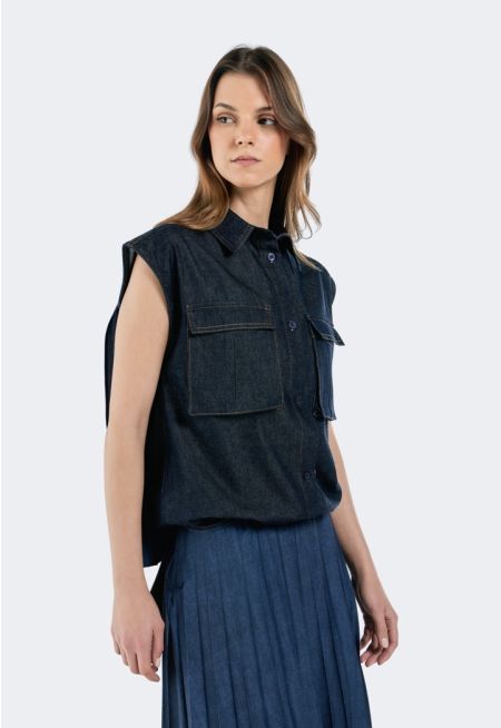 Drawstring Hem Denim Vest