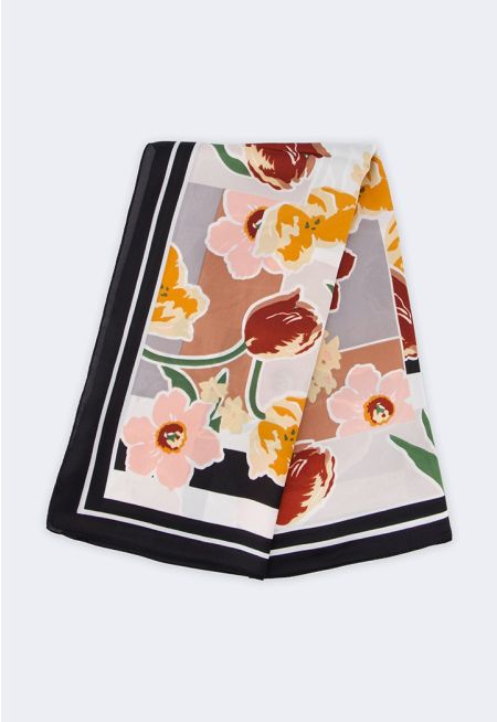Floral Print Satin Square Scarf 