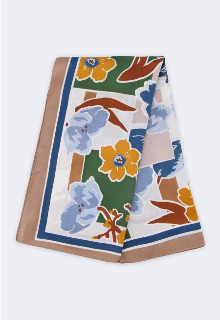 Floral Print Satin Square Scarf 