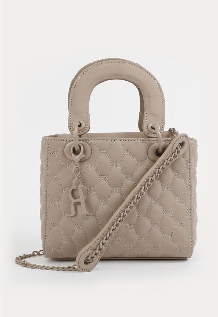 Quilted Leather Top Carry Handle Hand Bag With Medal