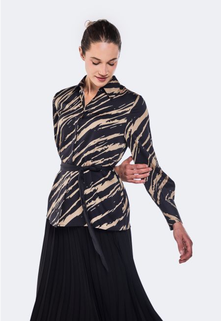 Contrast Printed Belted Shirt