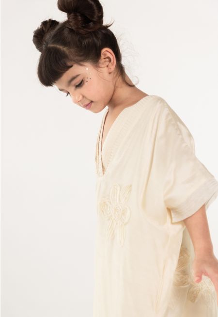 Solid Floral Embellished Pleated Dress