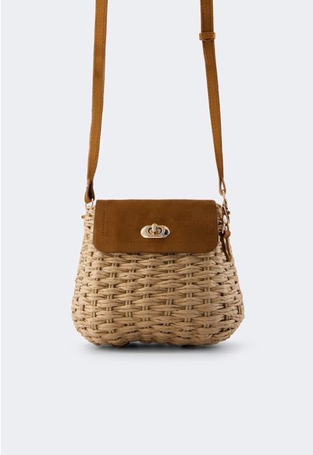 Suede Details Faux Straw Crossbody Bag