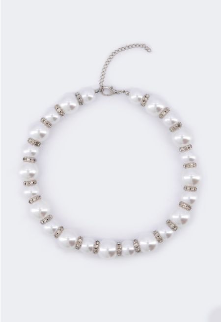 Chunky Faux Pearl Crystal Necklace