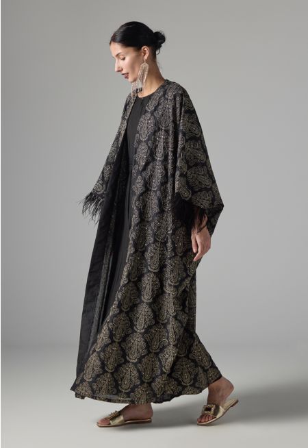 Embroidered Sequins Fringe Maxi Abaya 