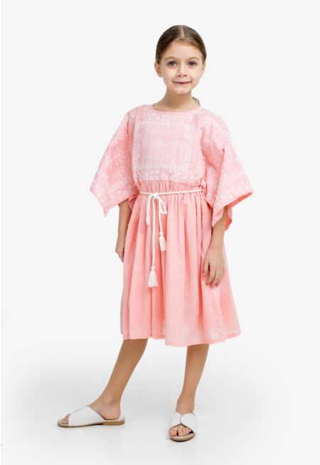 Embroidered Striped Short Slit Sleeves Dress