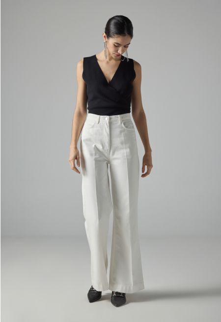 Solid Straight Wide Leg Denim Trousers