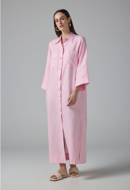 Solid Front Pockets Belted Shirt Dress