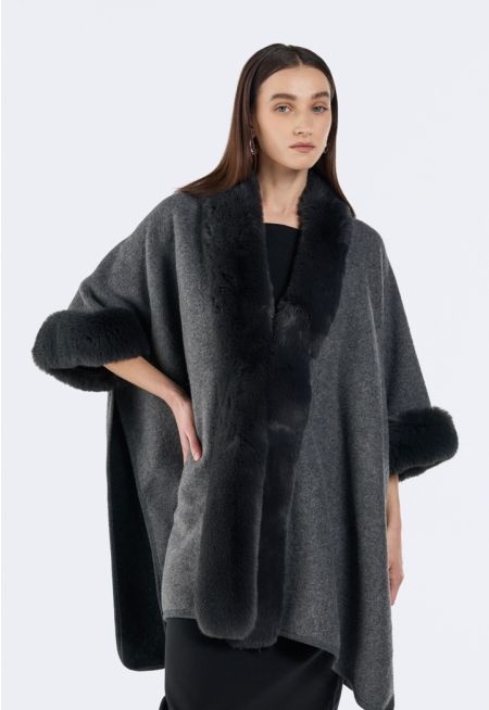 Faux Fur Embellished Wool Poncho