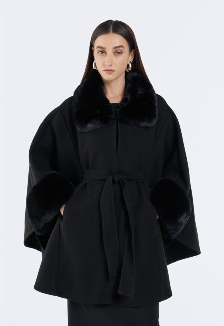 Belted Faux Fur Embellished Poncho